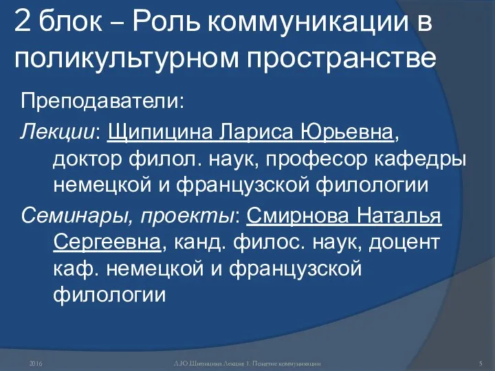 2 блок – Роль коммуникации в поликультурном пространстве Преподаватели: Лекции: Щипицина