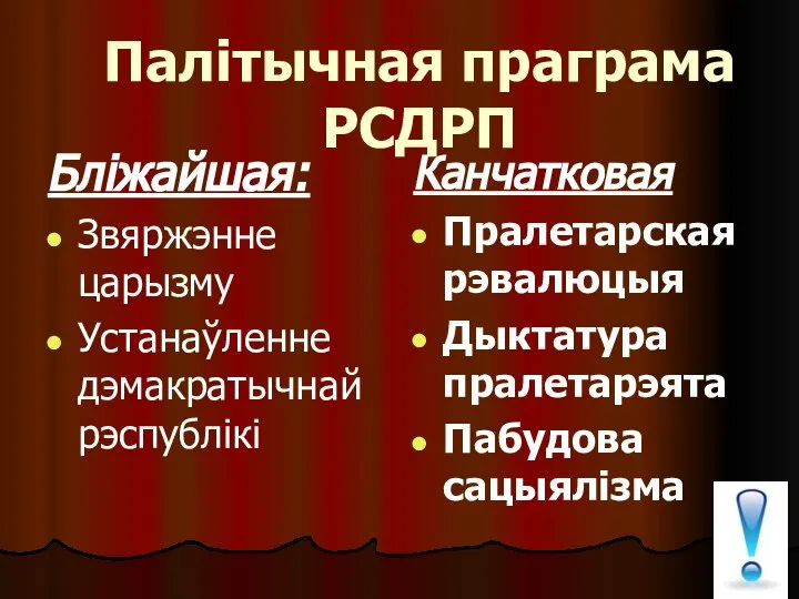 Палітычная праграма РСДРП Бліжайшая: Звяржэнне царызму Устанаўленне дэмакратычнай рэспублікі Канчатковая Пралетарская рэвалюцыя Дыктатура пралетарэята Пабудова сацыялізма