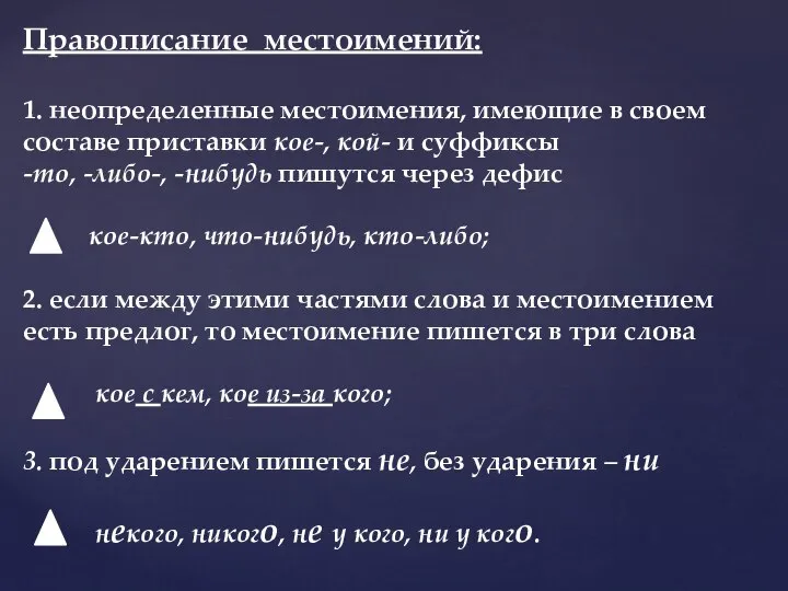 Правописание местоимений: 1. неопределенные местоимения, имеющие в своем составе приставки кое-,