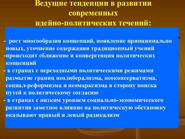 Ведущие тенденции в развитии современных идейно-политических течений: рост многообразия концепций, появление