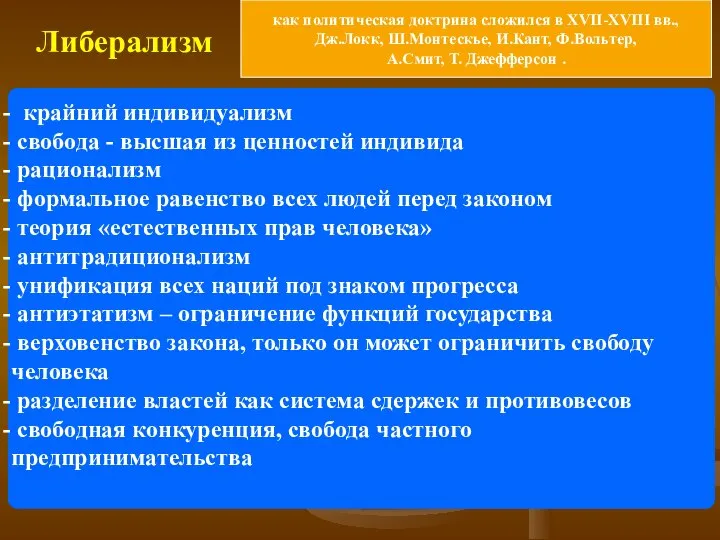 Либерализм крайний индивидуализм свобода - высшая из ценностей индивида рационализм формальное