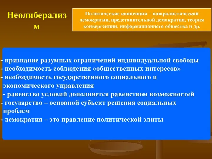 Неолиберализм признание разумных ограничений индивидуальной свободы необходимость соблюдения «общественных интересов» необходимость