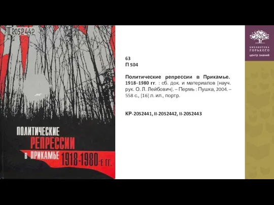 63 П 504 Политические репрессии в Прикамье. 1918–1980 гг. : сб.