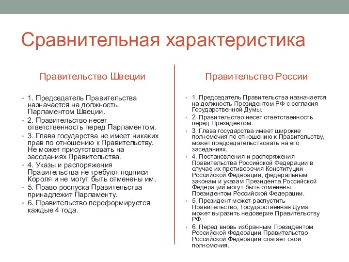 Сравнительная характеристика Правительство Швеции 1. Председатель Правительства назначается на должность Парламентом