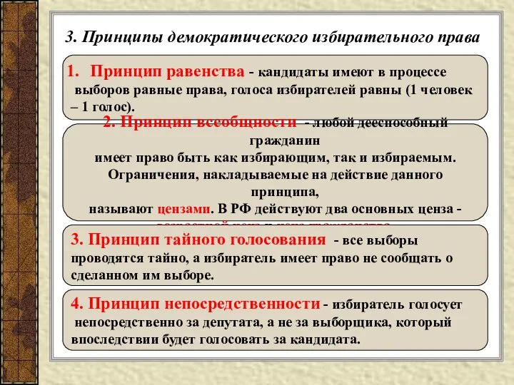 3. Принципы демократического избирательного права Принцип равенства - кандидаты имеют в