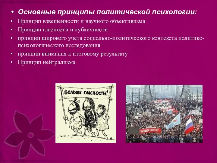 Основные принципы политической психологии: Принцип взвешенности и научного объективизма Принцип гласности