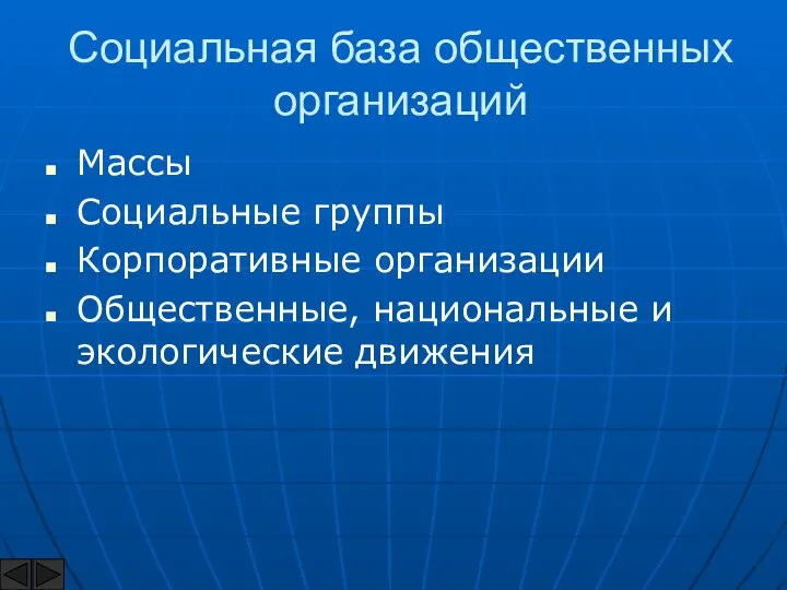 Социальная база общественных организаций Массы Социальные группы Корпоративные организации Общественные, национальные и экологические движения