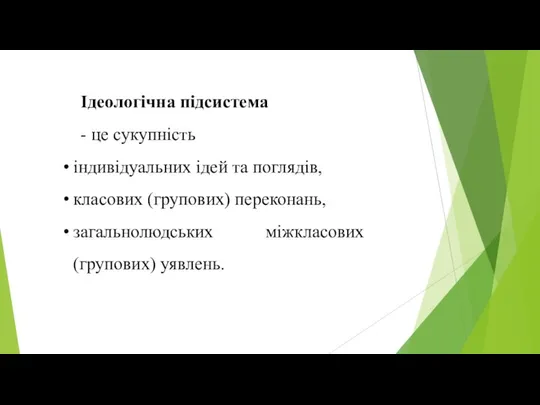 Ідеологічна підсистема - це сукупність індивідуальних ідей та пог­лядів, класових (групових) переконань, загальнолюдських міжкласових (групових) уявлень.