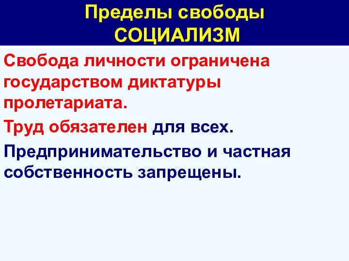 Пределы свободы СОЦИАЛИЗМ Свобода личности ограничена государством диктатуры пролетариата. Труд обязателен