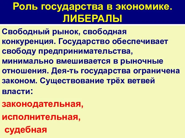 Роль государства в экономике. ЛИБЕРАЛЫ Свободный рынок, свободная конкуренция. Государство обеспечивает