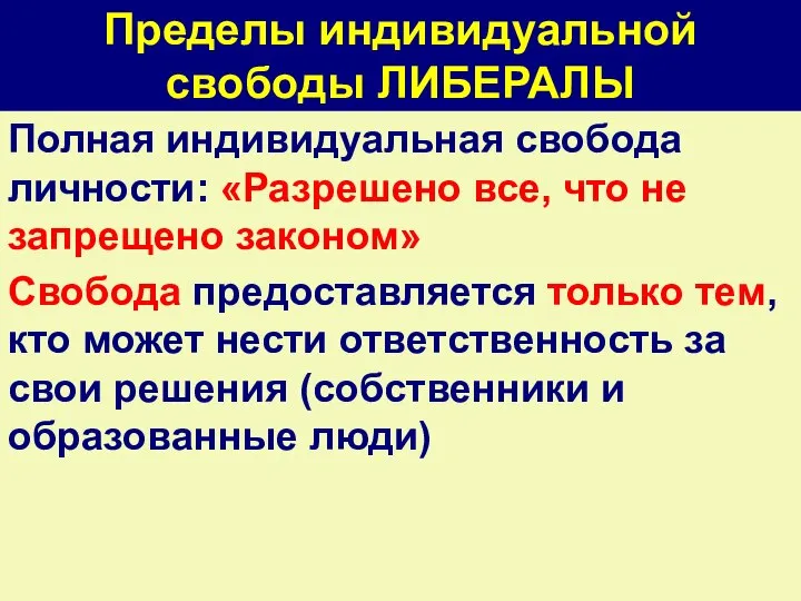 Пределы индивидуальной свободы ЛИБЕРАЛЫ Полная индивидуальная свобода личности: «Разрешено все, что