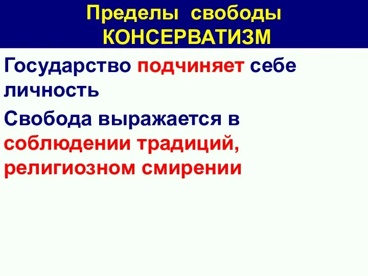 Пределы свободы КОНСЕРВАТИЗМ Государство подчиняет себе личность Свобода выражается в соблюдении традиций, религиозном смирении