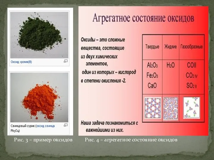 Рис. 3 – пример оксидов Рис. 4 – агрегатное состояние оксидов