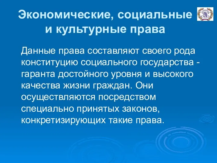 Экономические, социальные и культурные права Данные права составляют своего рода конституцию