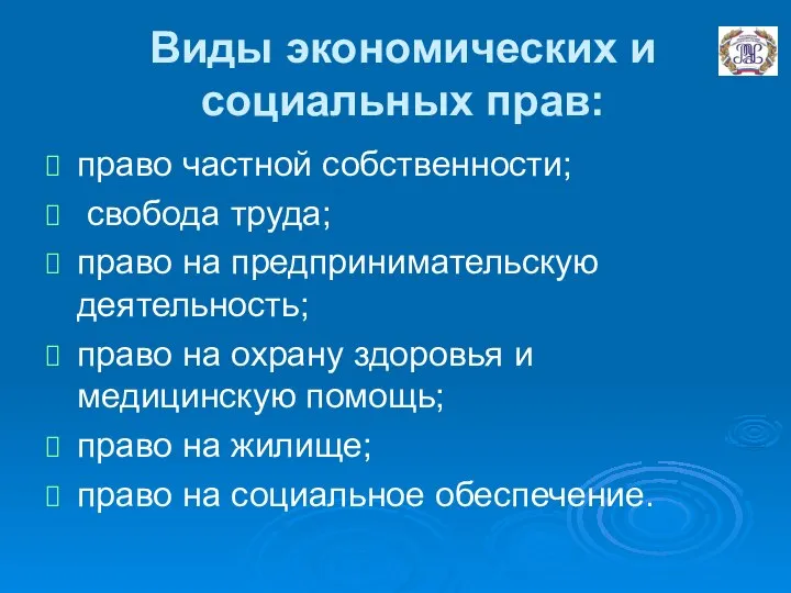 Виды экономических и социальных прав: право частной собственности; свобода труда; право