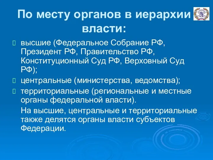 По месту органов в иерархии власти: высшие (Федеральное Собрание РФ, Президент