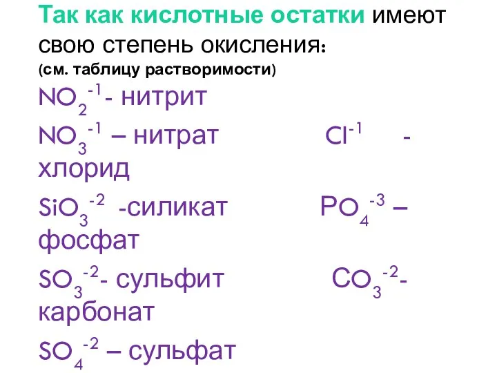 Так как кислотные остатки имеют свою степень окисления: (см. таблицу растворимости)