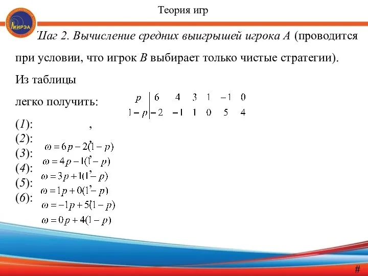 Шаг 2. Вычисление средних выигрышей игрока А (проводится при условии, что