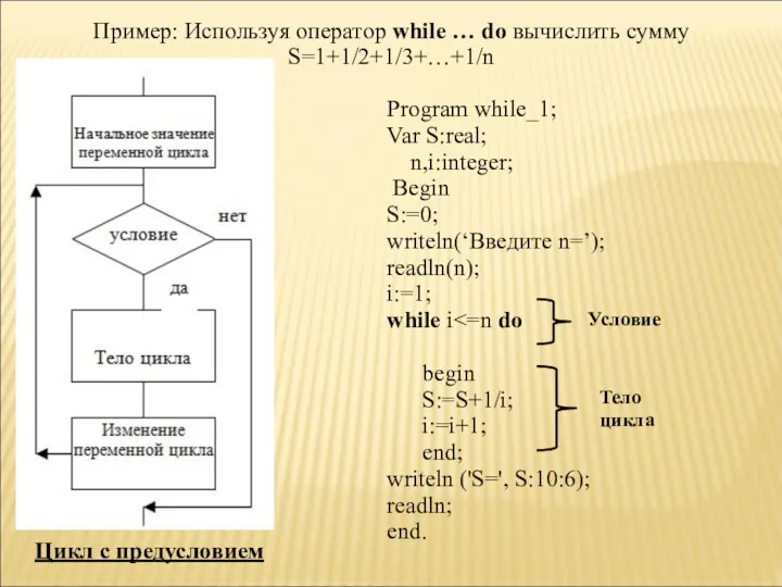 Program while_1; Var S:real; n,i:integer; Begin S:=0; writeln(‘Введите n=’); readln(n); i:=1;