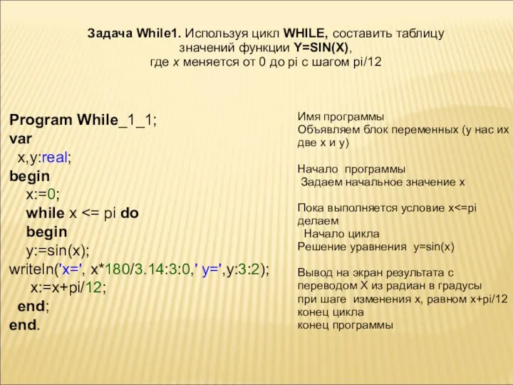 Задача While1. Используя цикл WHILE, составить таблицу значений функции Y=SIN(X), где