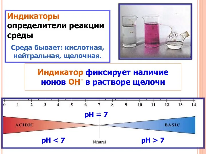 Индикаторы определители реакции среды Среда бывает: кислотная, нейтральная, щелочная. Индикатор фиксирует