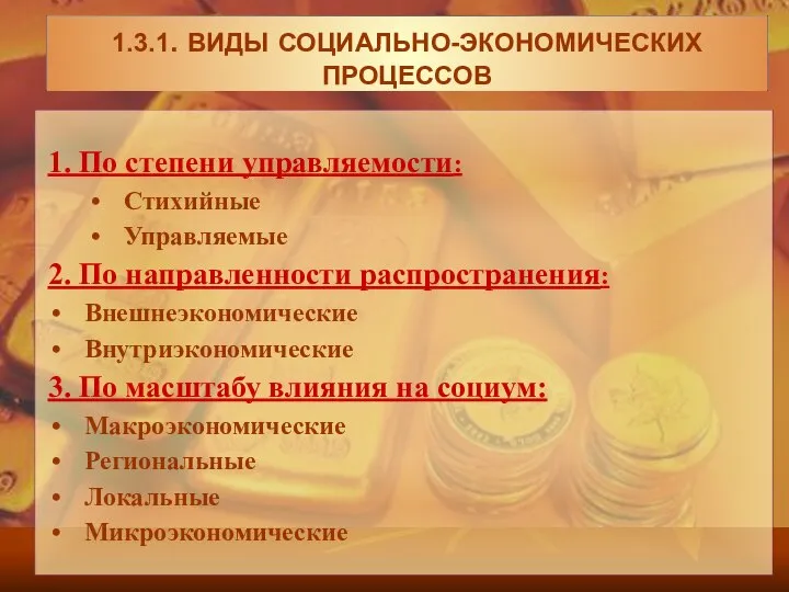 1. По степени управляемости: Стихийные Управляемые 2. По направленности распространения: Внешнеэкономические