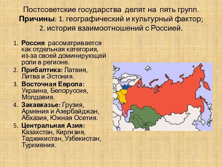 Постсоветские государства делят на пять групп. Причины: 1. географический и культурный