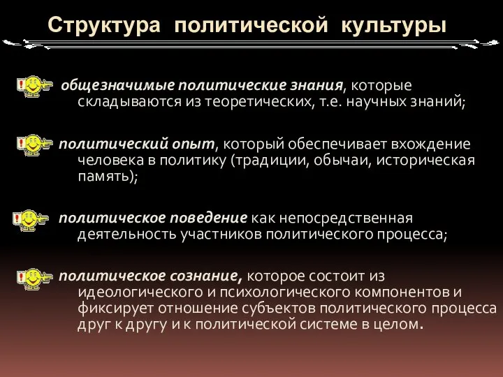 Структура политической культуры общезначимые политические знания, которые складываются из теоретических, т.е.