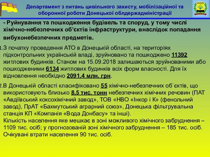 - Руйнування та пошкодження будівель та споруд, у тому числі хімічно-небезпечних