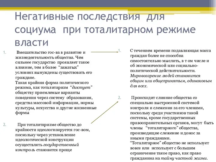 Негативные последствия для социума при тоталитарном режиме власти Вмешательство гос-ва в