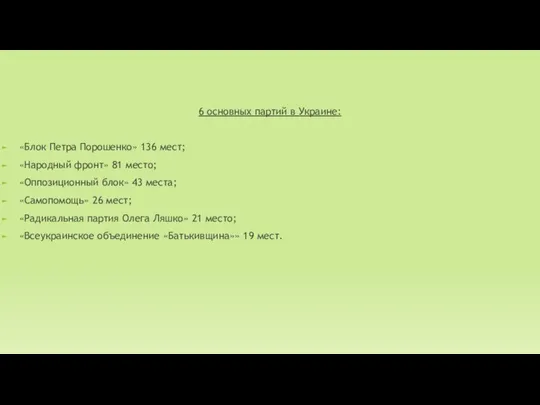 6 основных партий в Украине: «Блок Петра Порошенко» 136 мест; «Народный