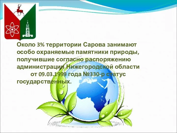 Около 3% территории Сарова занимают особо охраняемые памятники природы, получившие согласно