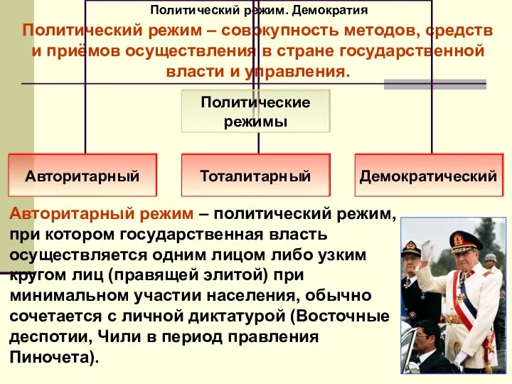 Политический режим. Демократия Политический режим – совокупность методов, средств и приёмов