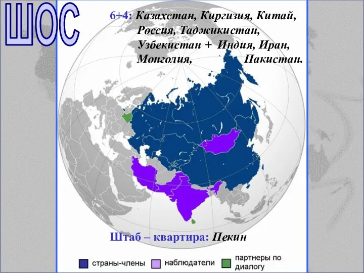 ШОС 6+4: Казахстан, Киргизия, Китай, Россия, Таджикистан, Узбекистан + Индия, Иран,