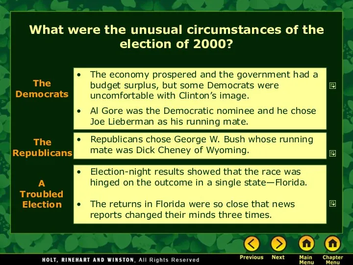 What were the unusual circumstances of the election of 2000? Republicans