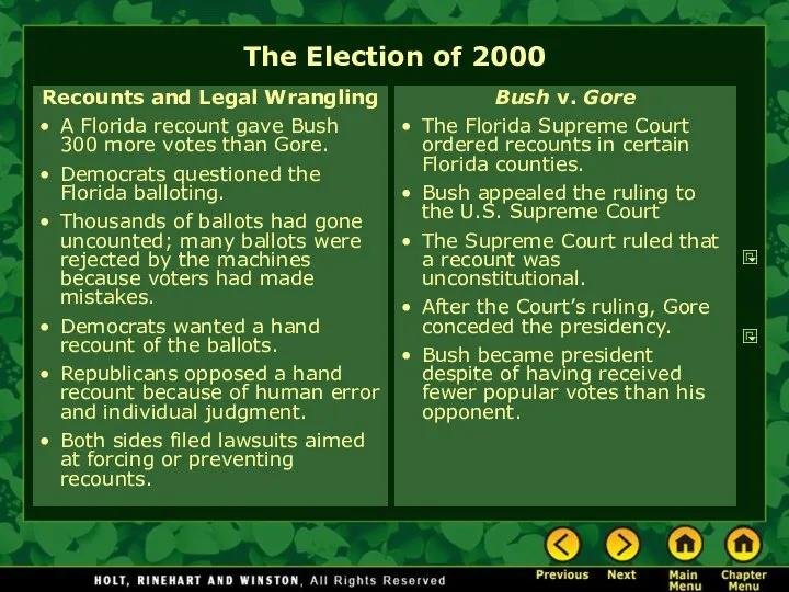 The Election of 2000 Recounts and Legal Wrangling A Florida recount