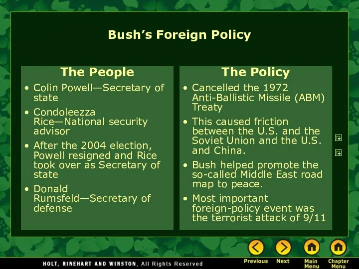 Bush’s Foreign Policy The People Colin Powell—Secretary of state Condoleezza Rice—National