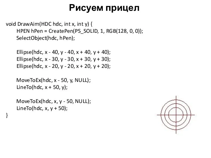 Рисуем прицел void DrawAim(HDC hdc, int x, int y) { HPEN