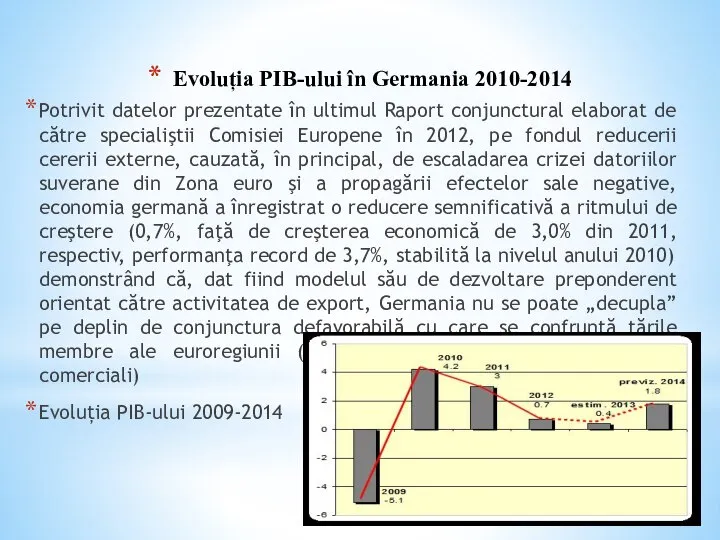 Evoluția PIB-ului în Germania 2010-2014 Potrivit datelor prezentate în ultimul Raport