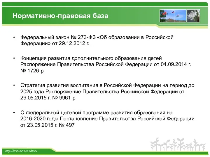 Нормативно-правовая база Федеральный закон № 273-ФЗ «Об образовании в Российской Федерации»