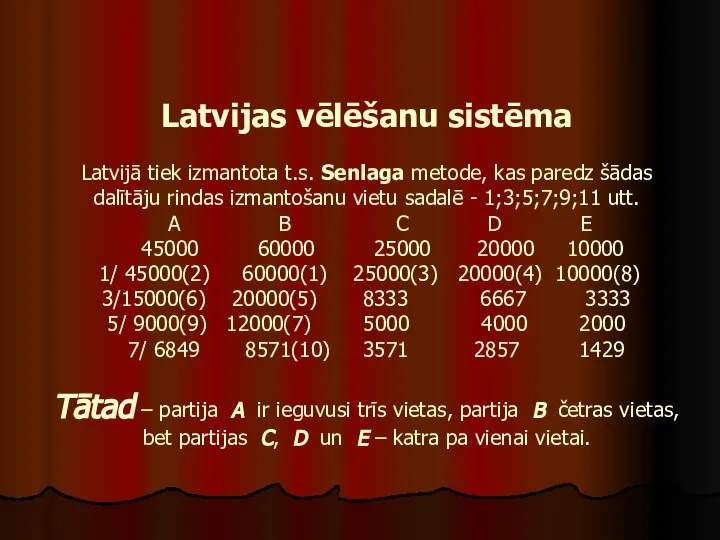 Latvijas vēlēšanu sistēma Latvijā tiek izmantota t.s. Senlaga metode, kas paredz