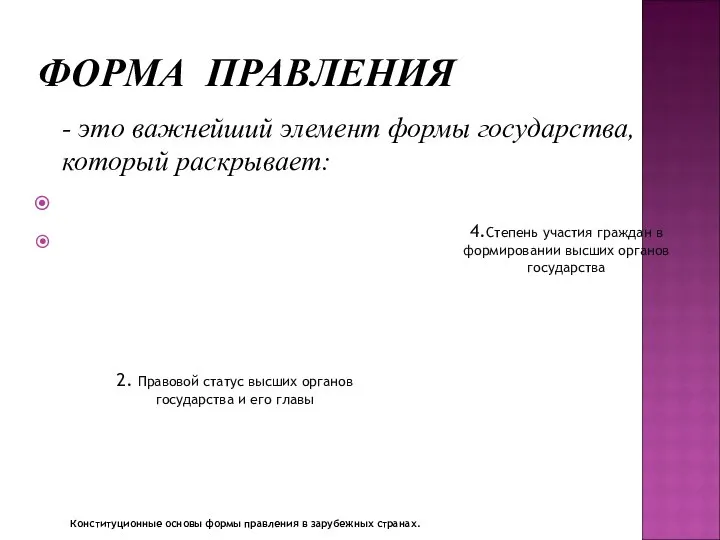 ФОРМА ПРАВЛЕНИЯ - это важнейший элемент формы государства, который раскрывает: Конституционные