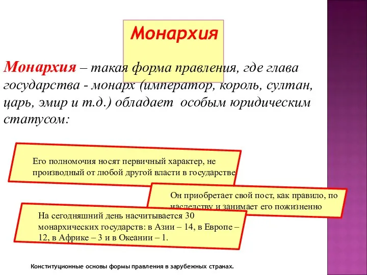 Монархия Монархия – такая форма правления, где глава государства - монарх