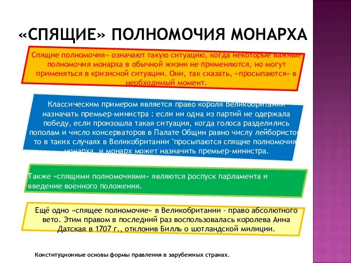 Также «спящими полномочиями» являются роспуск парламента и введение военного положения. Классическим