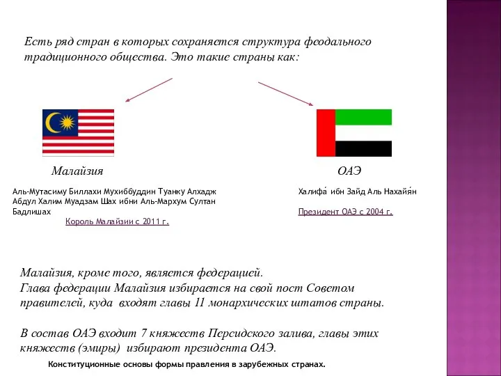 Малайзия, кроме того, является федерацией. Глава федерации Малайзия избирается на свой