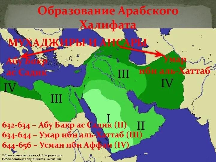 Образование Арабского Халифата 632-634 – Абу Бакр ас Садик (II) 634-644