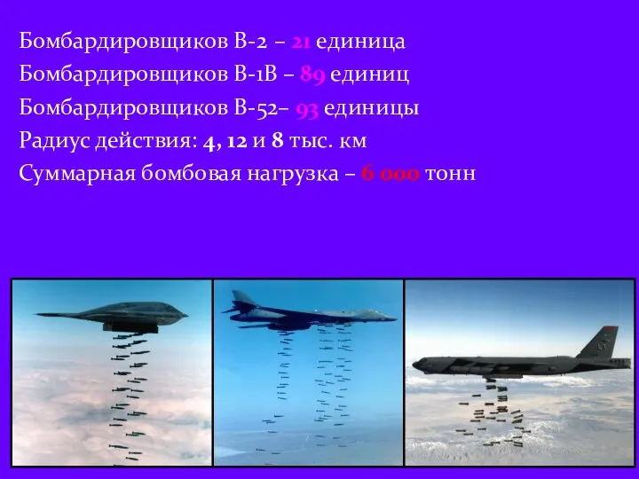 Бомбардировщиков В-2 – 21 единица Бомбардировщиков В-1В – 89 единиц Бомбардировщиков