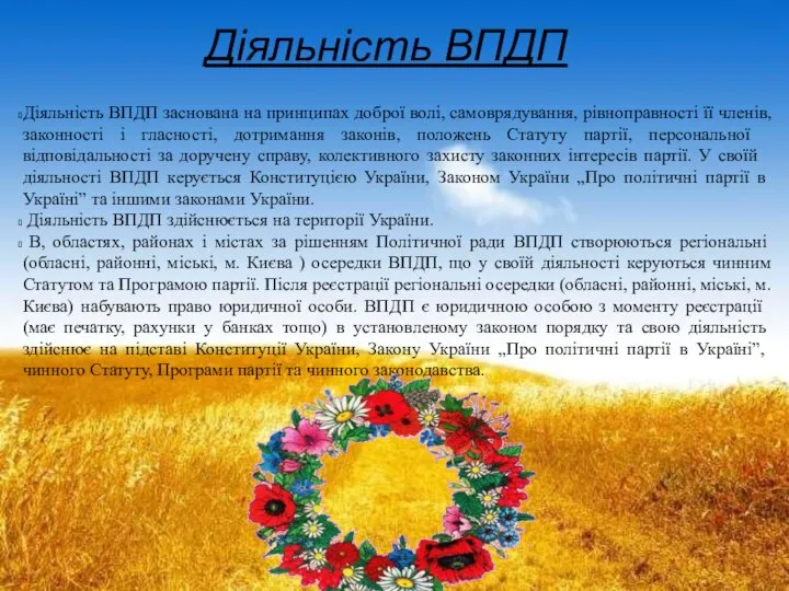 Діяльність ВПДП Діяльність ВПДП заснована на принципах доброї волі, самоврядування, рівноправності