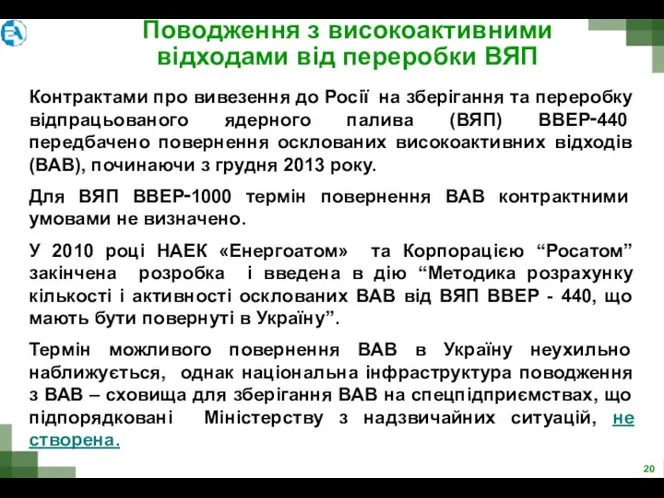 Поводження з високоактивними відходами від переробки ВЯП ащение с РАО в