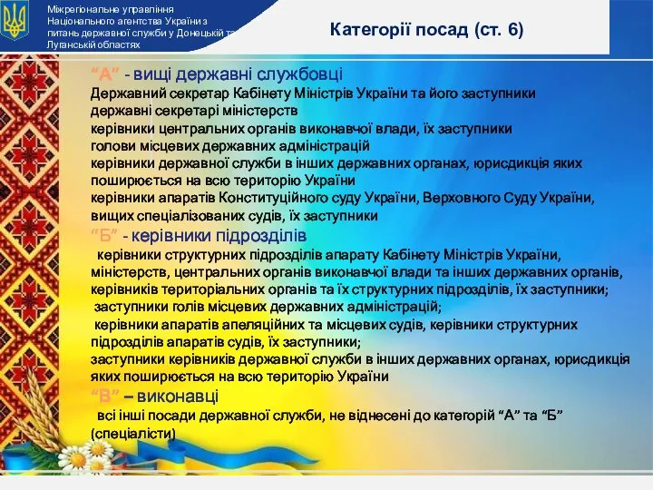 Категорії посад (ст. 6) “А” - вищі державні службовці Державний секретар